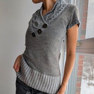 Vintage Grey Shawl Collar Cable Knit Short Sleeve Sweater